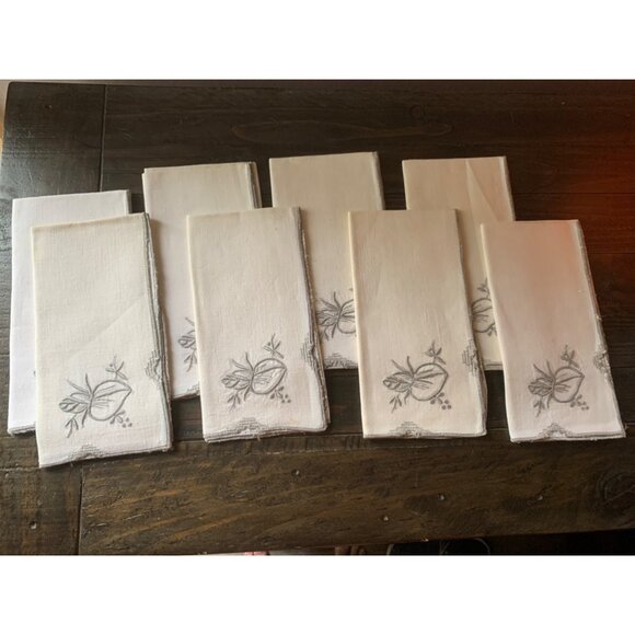 Set Of 8 Vintage Embroidered Rosebud Floral Cutout Linen Napkins Cream Gray - Picture 1 of 4